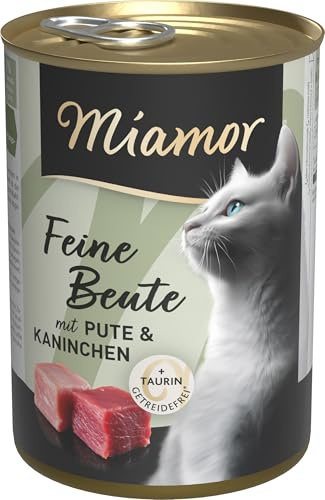 Miamor - Feine Beute | Nassfutter für ausgewachsene Katzen mit 7 Sorten Fleisch und Innereien. Getreidefreies Alleinfutter in der Dose mit Taurin ohne künstliche Zusätze | 12x400g Pute & Kaninchen