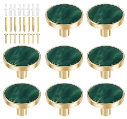 YUNYOUC 8Pcs Drawer Knob Set, Zinc Alloy Round Dresser Knob with Screws, Gold Single Hole Drawer Pull Handle, Decorative Exquisite Furniture Handle for Wardrobe, Cabinets, Doors (Green)