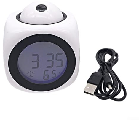 Jotekonoby Multifunktionaler Projektionswecker mit Sprachsteuerung und Temperaturanzeige, LED-Bildschirm mit einstellbarem Projektionswinkel für Bedr (weiß + USB)