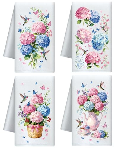 CUTHOLLOW 4Pcs Hydrangea and Hummingbirds Kitchen Towels Cute Tea Towels | Absorbent Microfiber Funny Kitchen Towels, Coffee Bar Decor, Home Kitchen Accent, Daily Use & Coffee Lover Spaces