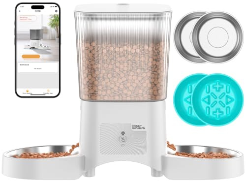 HoneyGuaridan Distributeur Croguettes Chat Automatique Double 5G/2.4G WiFi | Gamelle Chat Automatique 4 Bols(Bol INOX +Bol Lente), Distributeur Croquettes Chats/Chien, Opération Facile & Contrôle APP