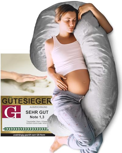 Traumreiter Seitenschläferkissen Visco J-X mit Bezug Silber. Hybrid Kissen + 1cm Memory Foam, Schwangerschaftskissen in J-Form, Komfortkissen Erwachsene, Ergonomie Zertifiziert