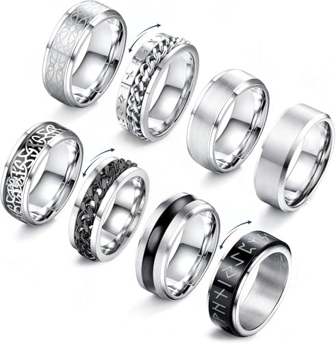 JeryWe 8Pcs Mens Rings Stainless Steel Rings for Men Women Spinner Fidget Ring Set for Anxiety High Polish Celtic Knot Chain Viking Rune Thumb Ring Black Silver Promise Engagement Wedding Band Size 8