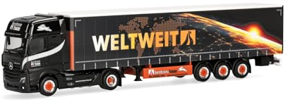 Herpa LKW Modell Mercedes-Benz Actros L 18 Gigaspace Gardinenplanen-Sattelzug Ferntrans Haas/weltweit, Miniatur im Maßstab 1:87, Sammlerstück, Made in Germany, Kunststoff