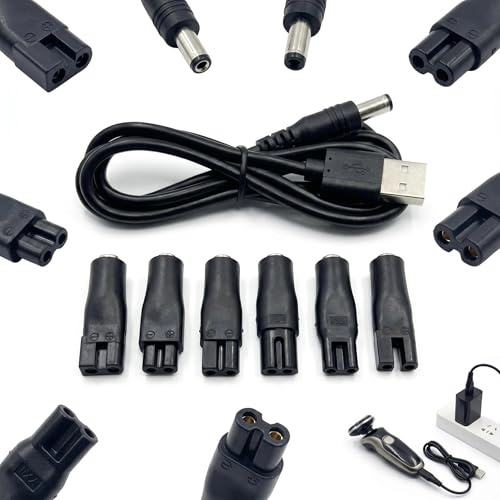 FeiatPogra 7Pcs Universal USB Charger Kit, 6 Adapter Heads & 5V Power Cord for Electric Hair Clippers, Beard Trimmers, Shavers, Grooming & Home Devices