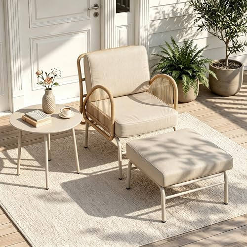 RTDTD 3-teiliges Gartenmöbel-Set, Rattan Outdoor Sitzgruppe mit Sessel, Hocker & Beistelltisch, Wetterfestes Garten-Lounge-Set mit dicken Polstern für Balkon, Hinterhof, Veranda