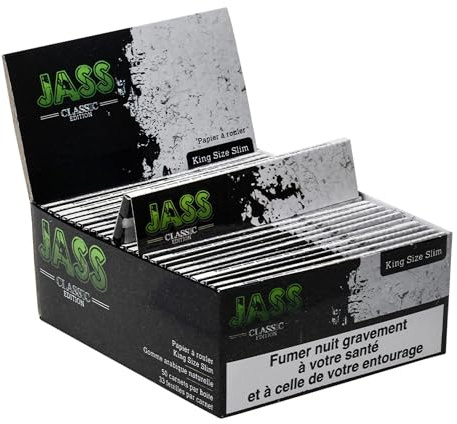 Feuilles à Rouler JASS Classic Slim – Boîte 50 Carnets x33 Feuilles (1650 feuilles) | Format 110 x 44 mm Slim – Papier 13,5 g/m² – Indicateur de fin de carnet – Sans nicotine ni tabac