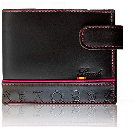 Cartera Horizontal Piel TRATADA Tira Fuxia Tarjetero Monedero Hombre Piel Cuero con Pulsera Bandera ESPAÑA DE Regalo y Tarjeta Proteccion RFIDBilletera
