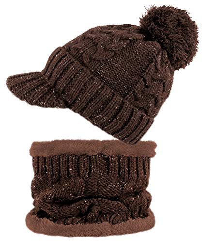 dy_mode Damen Mütze und Schal Kombi Set Schirmmütze Bommel mit Innenfutter - A305 (A305-Braun)