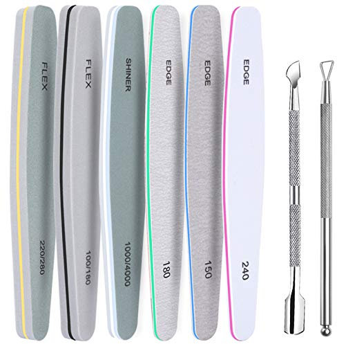 6 Pcs Lime à Ongles Professionnelles FANDAMEI Limes à ongles Kit Lime à Ongles Double Faces Polissage Ponçage, avec 2 Pcs Pousse Cuticule Metal, Pour la manucure, la maison et un salon