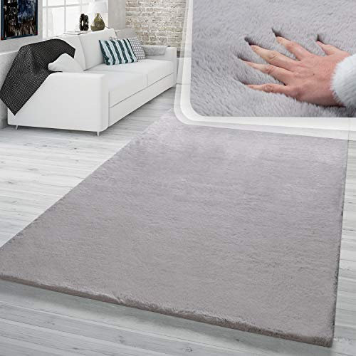 TT Home Hochflor Teppich Wohnzimmer Kunstfell Super Softes Kaninchenfell Imitat In Grau, Größe:80x300 cm