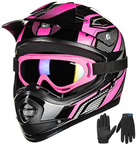 ILM Casco Moto Bambino Motocross con Goggle Guanti ATV Off Road ECE B07,Nero Rosa,M