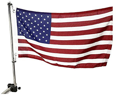 MARINE CITY 21 Stainless Steel Rail Mounted Flag Staff & Black Plastic Flag Pole Base & 12 Inches X 18 Inches US Flag for Boat Yacht(1 SET)