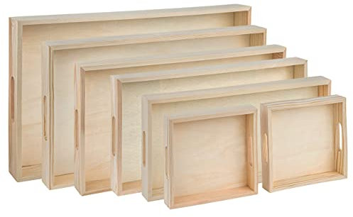 Hammont Serviertabletts aus Holz – 7 Stück – Set mit rechteckigen Holzschalen zum Basteln mit ausgeschnittenen Griffen | Küchen-Nistschalen zum Servieren von Gebäck, Snacks, Mini-Bars, Schokolade