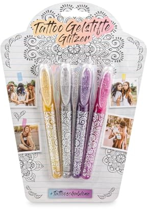 TRENDHAUS 954305 Tattoo Gel-Stifte Set, 4 leuchtende Glitzer Farben inkl. Schablone, Hautfreundliche Kindertattoos, Mitgebsel für Kindergeburtstag