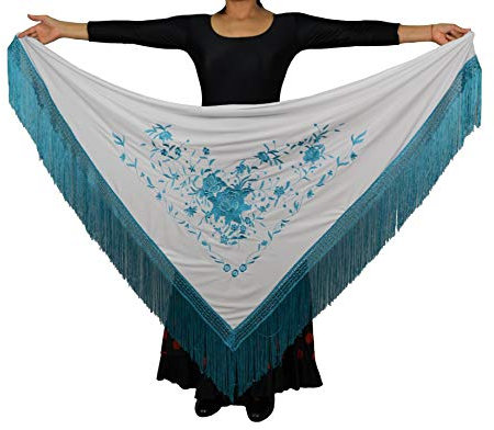 AMINA Mantón pico flamenco con flecos. Bordado a una cara. Bordado y flecos azules. Grande 190X90cm