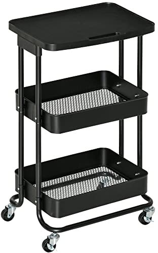 HOMCOM Carrito de Cocina con Ruedas Carro de Almacenamiento de 3 Niveles y Frenos para Baño Salón Dormitorio Oficina 46x34,5x76,5 cm Negro