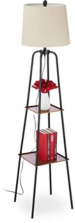 Relaxdays Stehlampe mit Regal, 2 Ablagen, HxD: 153 x 35 cm, moderne Stehleuchte, Wohnzimmer, E27 Fassung, beige/schwarz