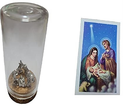 1 Krippe komplett in Glasglocke Höhe 7 cm Durchmesser 3,5 cm Basis Kork mit Geburt 5 Pastori Metall 15 mm für Krippe Weihnachtsdeko Geschenk SANTINO NATIVITA' DEC