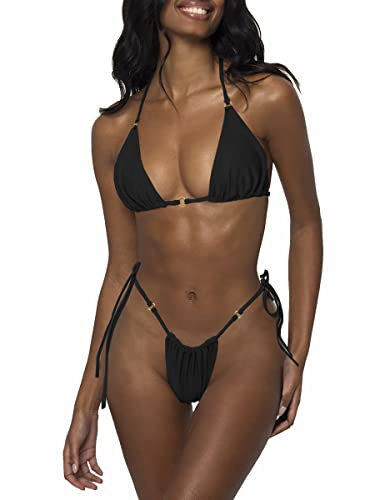 LUNNTE Damen Bikini Set Sexy Tanga String Bikini Badeanzüg Zweiteiliger Triangel mit Ring Badebekleidun Verstellbare Bademode Unterteil Seitlicher Schnürung (Schwarz, S)