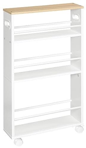 HOOBRO Slim Storage Trolley, Narrow Kitchen Cart, Slide Out Kitchen Trolley on Wheels, 4-Tier Rolling Utility Cart with Handle, for Small Space, Bathroom, Living Room, White and Natural EWN15TC01