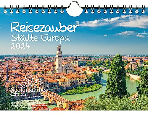 Städtezauber Europa DIN A5 Wandkalender für 2024 Städte - Geschenkset Inhalt: 1x Kalender, 1x Weihnachts- und 1x Grußkarte (insgesamt 3 Teile)