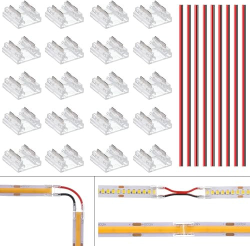 BENLUIN 2 Polig 10mm LED Streifen Verbinder 20 Stück Multifunktional Strip zu Strip und Strip zu Kabel Verbindungsstücke mit 10pcs 15cm Verbindungskabel für ohne Löten 12V 24V COB SMD LED Band Strip