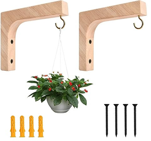 Zsanhua 2pcs Wooden Wall Hooks for Plants, Heavy Duty Hanging Bracket with Screw, Wooden Hanging Basket Hooks for Flowerpots, Lanterns, String Lights, Wind Chime