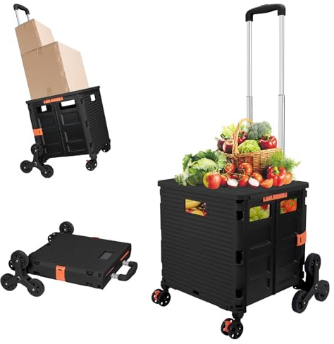 FELICON SELORSS Folding Utility Cart Portable Rolling Crate Handcart with Stair Climbing Wheels&360°Swivel Wheels Telescoping Handle Plastic Box Dolly for Travel Shop Move Office Teacher Use(Black)