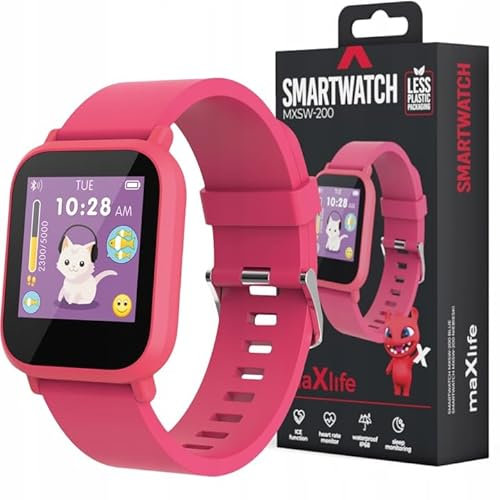 Maxlife MXSW-200 Montre Rose intelligente pour enfant avec application Fit4Kid, 4 modes sportifs, surveillance du sommeil, utilisation muziek, étanche IP68, surveillance de la fréquence cardiaque
