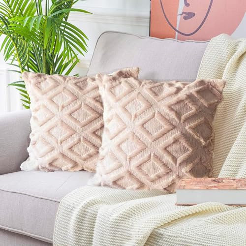 Sadodo 2 Stück 45x45 cm Boho Kissen Geometrie Khaki Set Plüsch Weihnacht Kissenbezüge,Weiche Künstliche Pelz Sofa Zierkissenbezüge Dekokissen Kissenhülle für Couch Schlafzimmer Zuhause Auto Dekor
