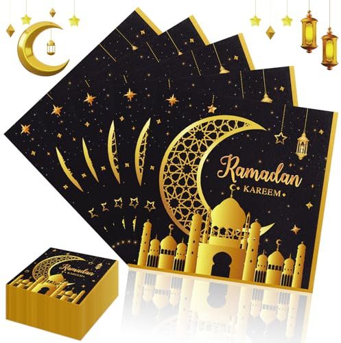 Lets Joy 100 Stück Ramadan Kareem Servietten, 33 x 33 cm Ramadan Papierservietten, Ramadan Kareem Party Dekoration, Ramadan Servietten Tischzubehör, Servietten Schwarz Gold für Eid Ramadan Party