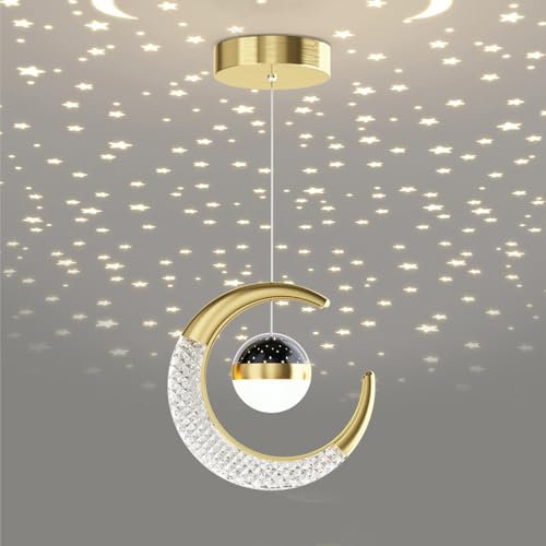 Mengjay LED Pendelleuchte,Moderne Kreative Hängelampe mit Mond- und Sternprojektion Kinderlampe,Deckenleuchte LED-Lampe Pendellampe für Wohnzimmer, Esszimmer, Schlafzimmer (Gold, Warmes Licht)
