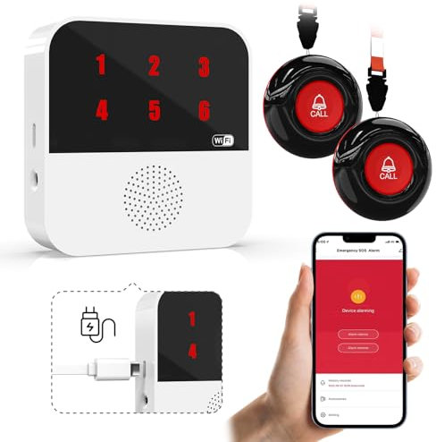 SanJie WiFi Smart Senioren Notruf SOS Notrufknopf,Hausnotruf Senioren Notfallknopf Alert System für ältere Patienten Behinderte,2 Notrufknopf 1 Empfänger (Nur 2.4GHz Wi-Fi)