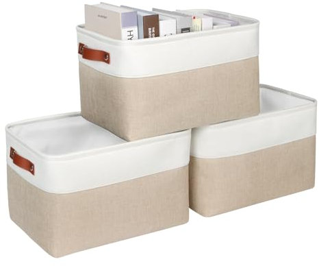 Syeeiex Fabric Storage Basket [3-Pack], Large Baskets with Leather Handles, Storage Baskets for Shelves, Foldable Baskets for Organizing Toys, Clothes, Office (White/Brown)