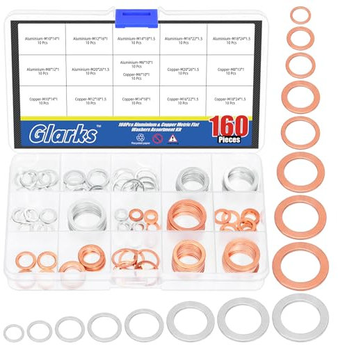 Glarks 160 pièces cuivre et aluminium bouchon d'huile Extrusion rondelle combo, M6 M8 M10 M12 M14 M16 M18 m20 cuivre Extrusion rondelle et aluminium bouchon d'huile rondelle Kit
