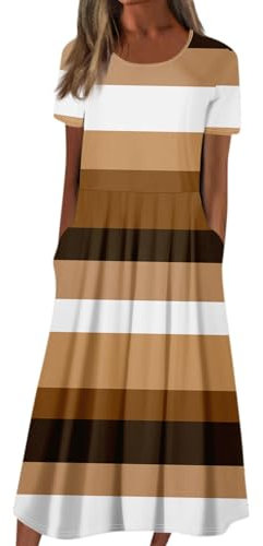 Temu Shop Kleidung Damen Blusenkleid Damen Hochzeitskleider Für Gäste Festliche Kleider Für Damen Hochzeit Rundhals Gestreifter Druck Kurzarm Ballkleider Mit Taschen Damen Strandkleid (Grün, S)