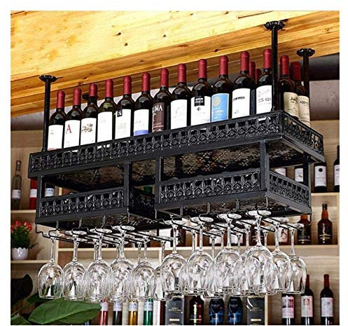 sjdoPulse Porte-bouteille suspendu avec porte-gobelet et étagère, porte-bouteille porte-bouteille à vin en fer métallique monté au plafond porte-bouteille pour vin suspendu Wi