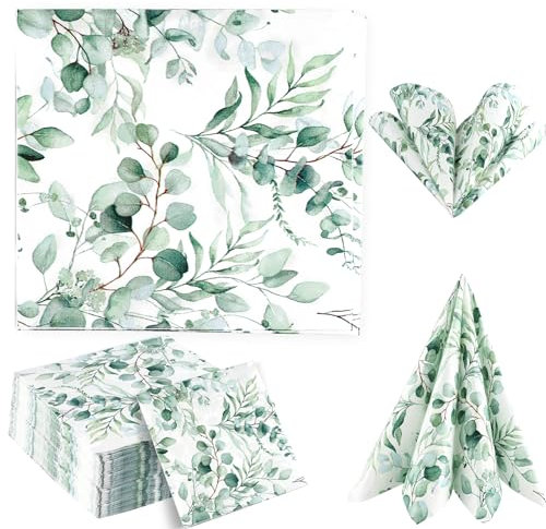 60 Stück Servietten Eukalyptus, Servietten Grün, Servietten Hochzeit, Tischdeko Papierserviette Einweg für Kommunion Taufe Geburtstage Partys Babyparty Hochzeiten 33 x 33 cm