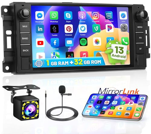 Hikity Android 13 Autoradio für Jeep Wrangler Dodge Ram Challenger mit 7 Zoll Bildschirm Touch Display Autoradio mit Navi GPS BT FM RDS WiFi USB Mirror Link Rückfahrkamera