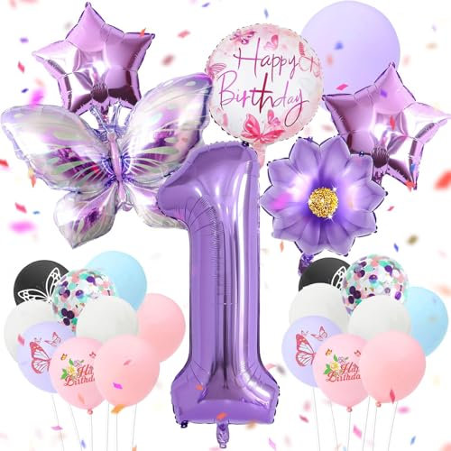 24 Stück lila schmetterlinge luftballons 1 Jahre geburtstagsdeko mädchen folienballon 1. Kindergeburtstag schmetterling Deko Happy Birthday Decorations Themenparty Dekoration