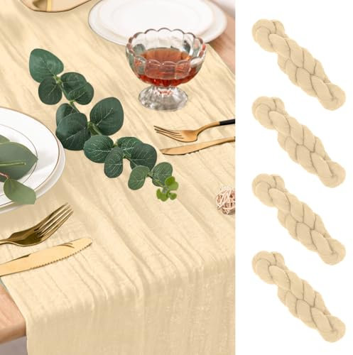 AUAUY 4 Stück Boho Gaze Etamin, Tischläufer, 90 x 300 cm, Packung mit Tischläufer aus Seihtuch, Tischläufer, Küche, Innendekoration, Urlaub, Hochzeit, Party, Geburtstag, Dekoration Beige