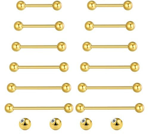 Gojewen 12er Zungenpiercing Gold Brustwarzenpiercing Chirurgenstahl Piercing Zunge Brustwarze 10/12/14/16/18/20mm