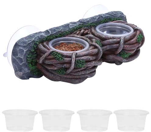 AIICIOO Crested Gecko Feeding Ledge Double Bowl Reptile Vine Food Ledge with 4 PCS Cup Corner Water Bowl for Lizard Snake Bearded Dragon Frog Turtle Terrarium Tank Decor