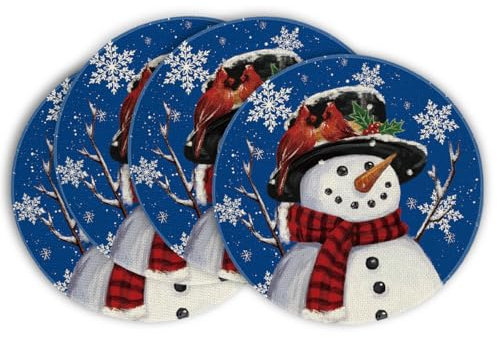 Artoid Mode Blau Schneemann Baumzweige Lass Es Schneien Weihnachten Runde Platzsets 4er Set, 37cm Winter Tischset Platzdeckchen Küche Party Deko