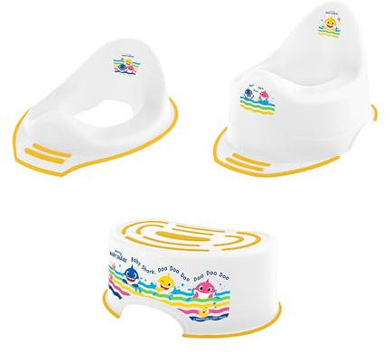 Baby Shark Potty Training Toilet Seat, Plus Step Stool, Lightweight, Anti-Stick, Wipe Clean Portable Seat 18M+ Toddler Toilet Range 3 Piece Set for Kids