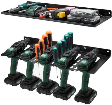 Organizer per utensili elettrici, 2 ripiani, 5 supporti per trapano e 1 ripiano inferiore solido, scaffale per attrezzi da garage in metallo di alta qualità, regalo per uomo senza fili