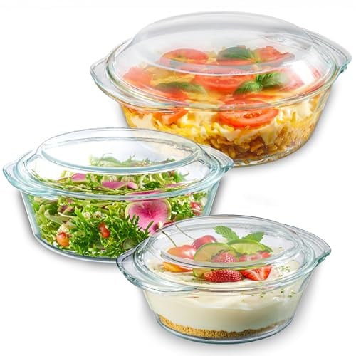 Le'raze 6-Piece Glass Tureen Dishes for Oven - Durable Borosilicate Glass Bakeware Set with Lids, Microwave Safe, Versatile Round Covered Baking Dishes. Clear Lead-Free Casserole Cookware.