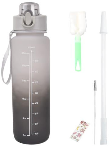 Shengxi Borraccia 1 L con Cannuccia Borraccia Sportiva Motivazionale con Indicatore di Tempo Borraccia Plastica Senza BPA Borracce a Prova Di Perdite per Palestra Scuola Yoga (Grigio)