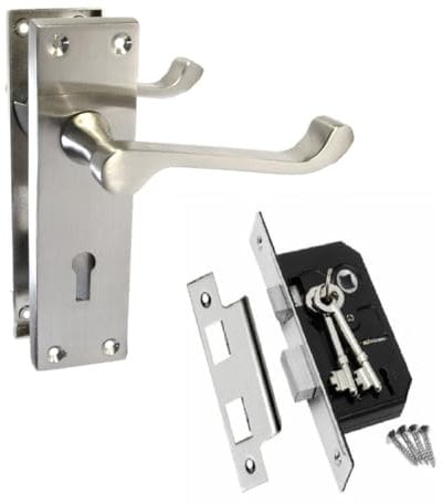 Victorian Scroll Lock Handles & 3 Lever Sash Lock, Satin Nickel Door Handles, Back Plate, 150 x 42mm, Door Handles Multipack, Door Handles (1 Pair of Lock Handles + 3 Lever MOTICE SASH Lock)